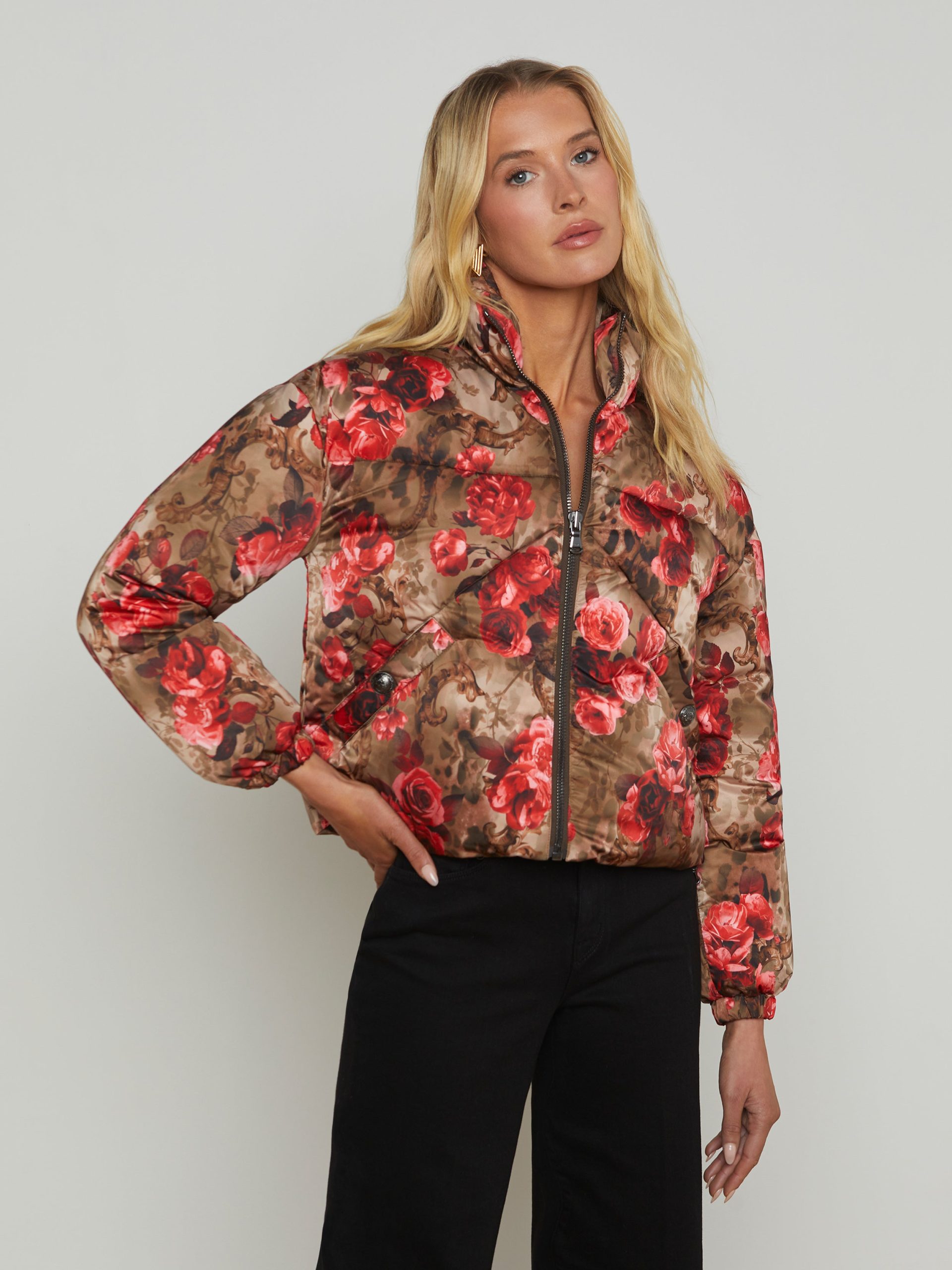 L'AGENCE Jessi Cropped Puffer Jacket In Army/Pink Floral Cheetah