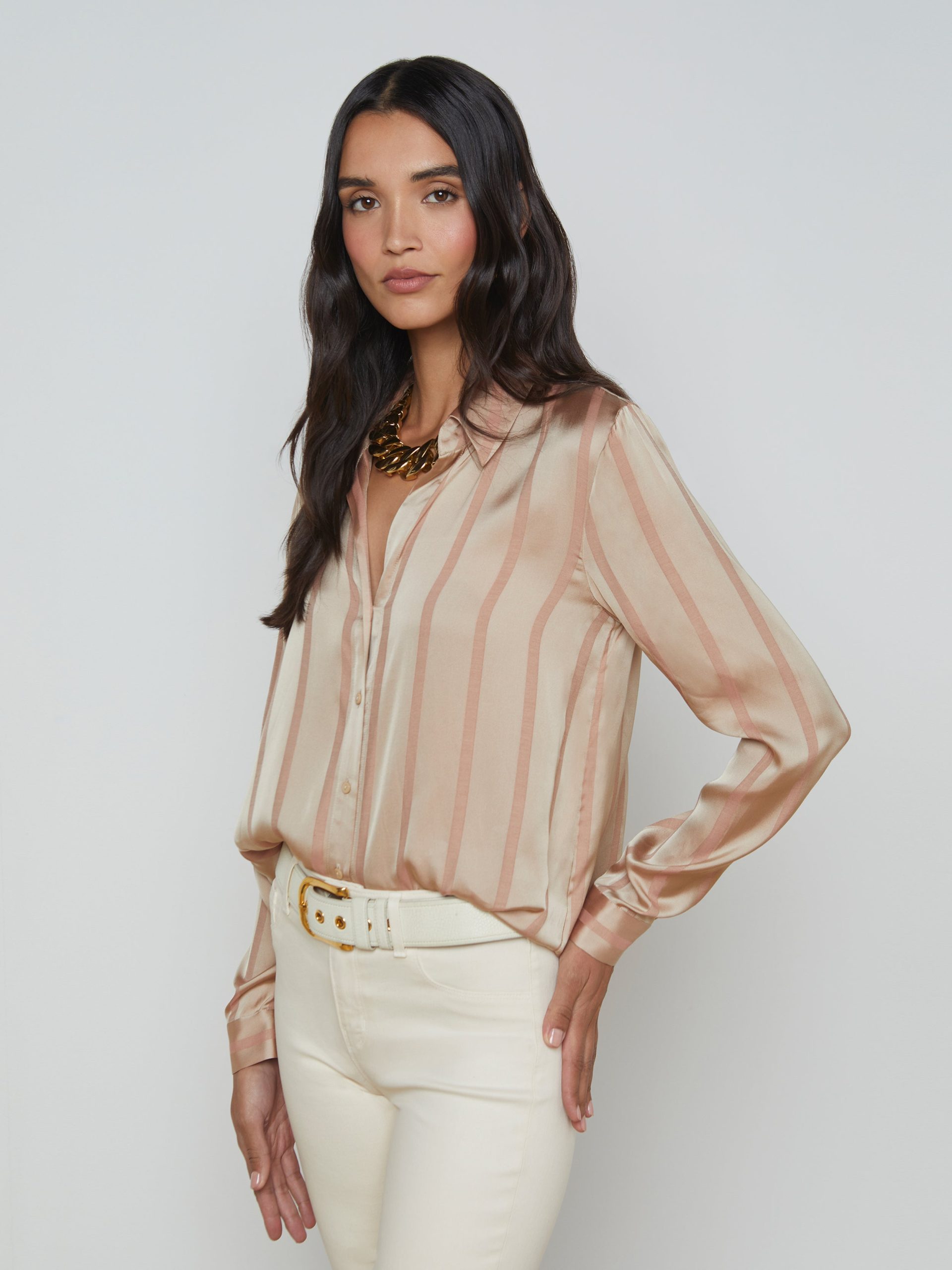 L'AGENCE Laurent Satin Blouse Top In Champagne