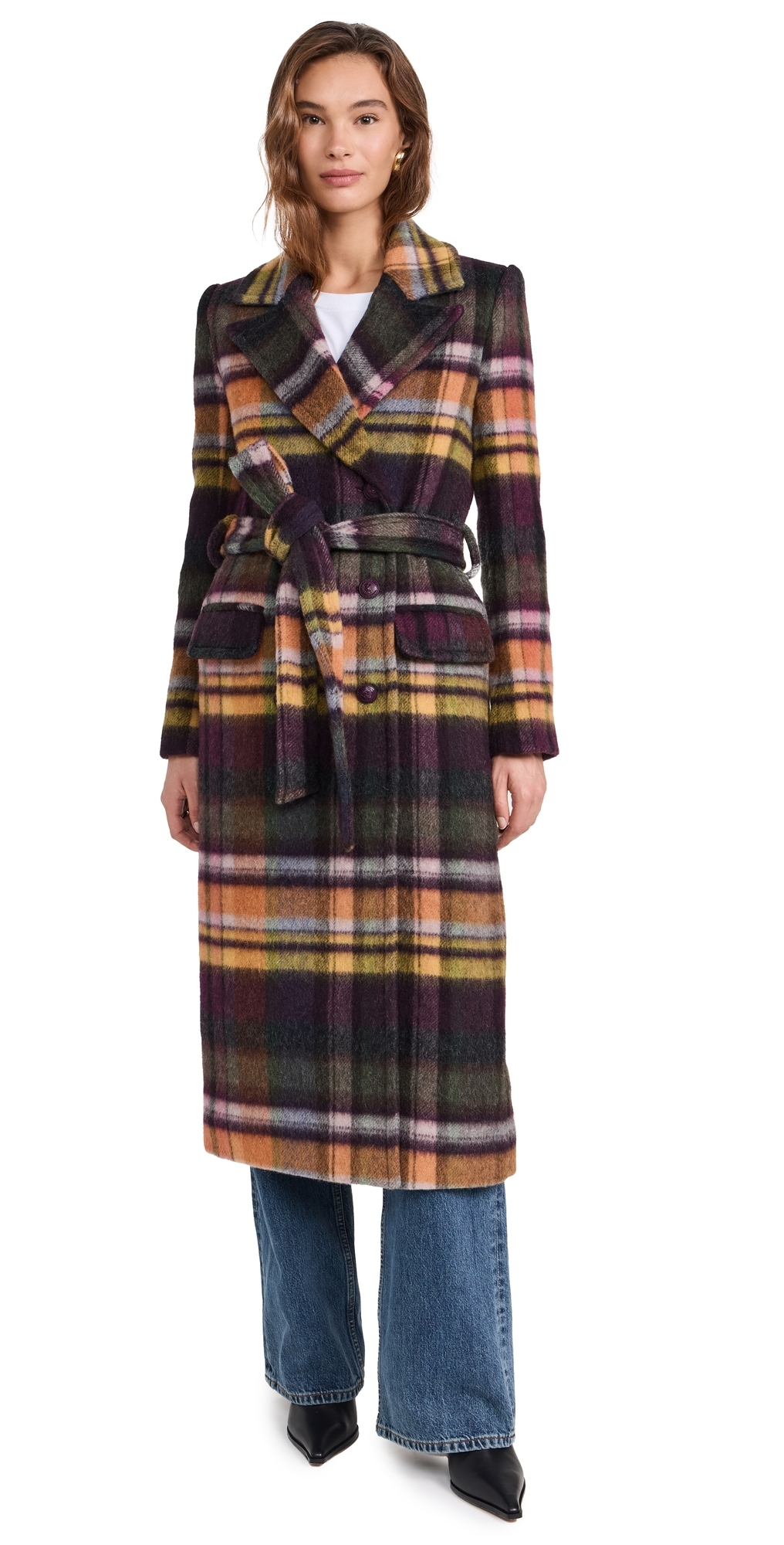 L'AGENCE Olina Long Coat with Belt Multi Plaid 18