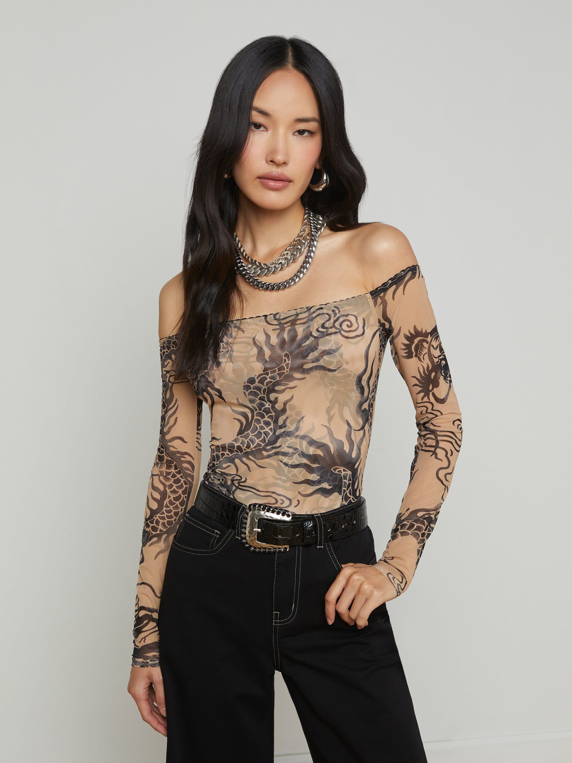 L'AGENCE Peonie Off-The-Shoulder Bodysuit In Beige/Black Dragon Tattoo