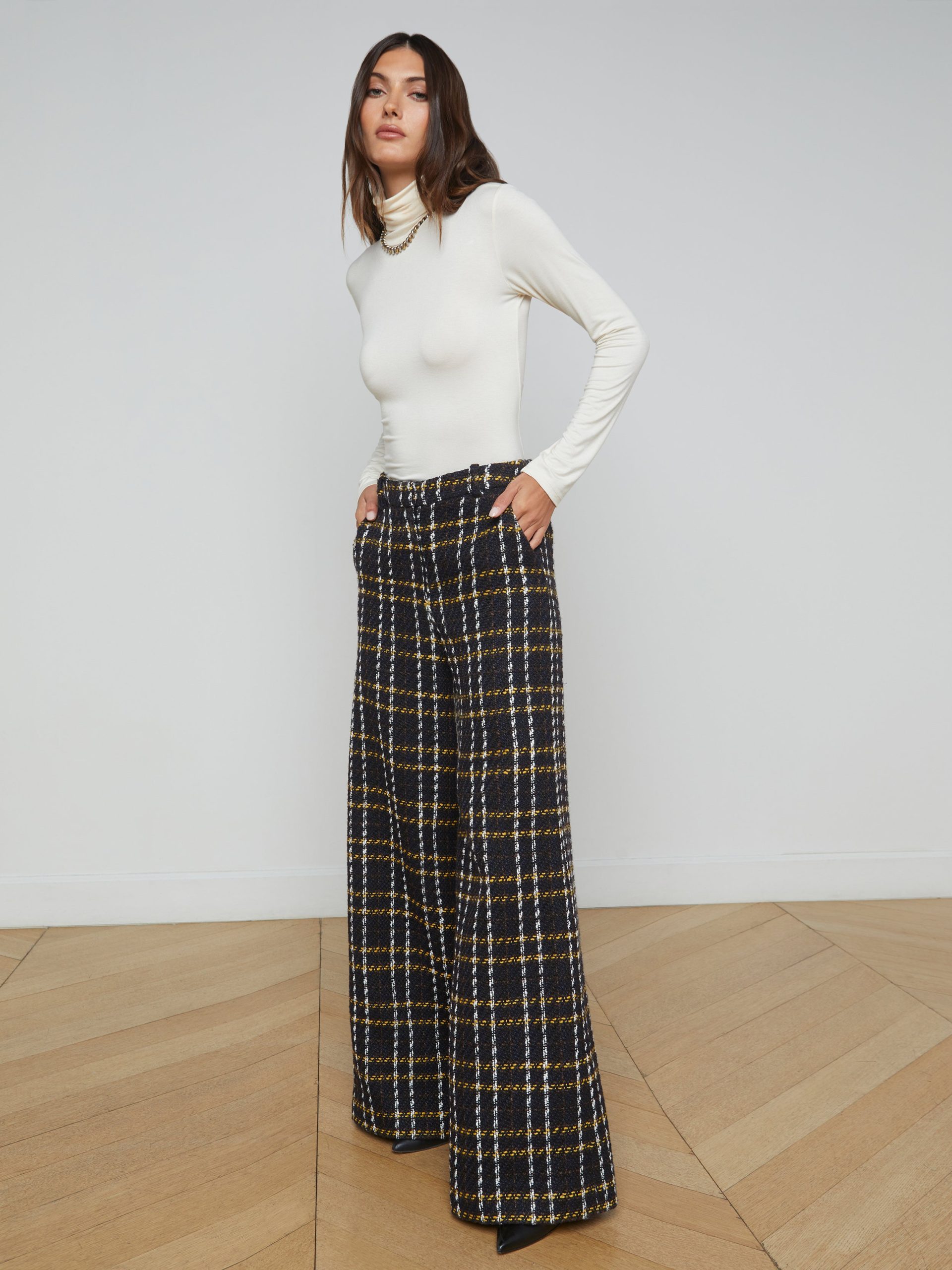 L'AGENCE Pilar Tweed Wide-Leg Pants In Black Yellow