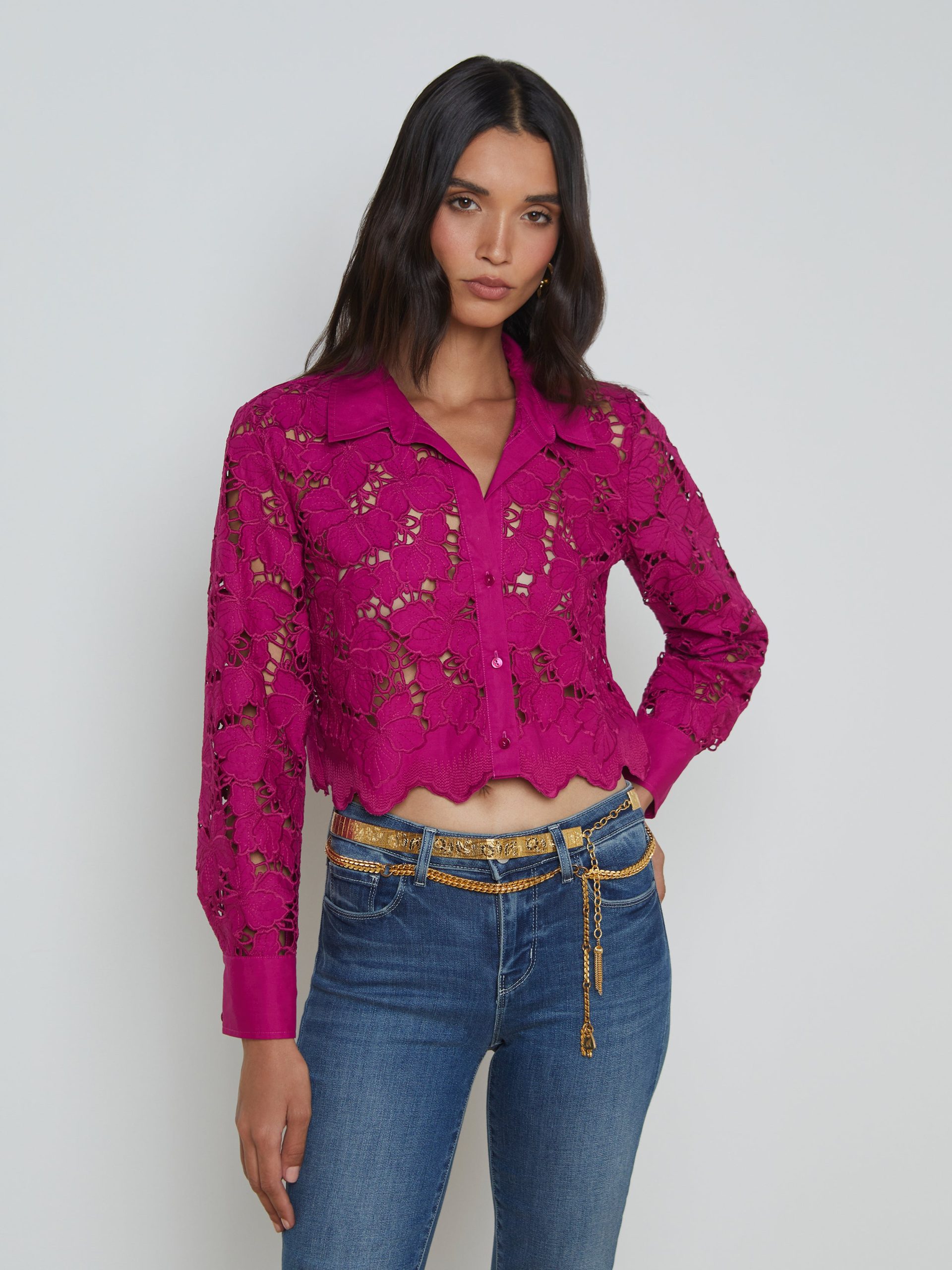 L'AGENCE Seychelle Lace Cropped Blouse Top In Ruby