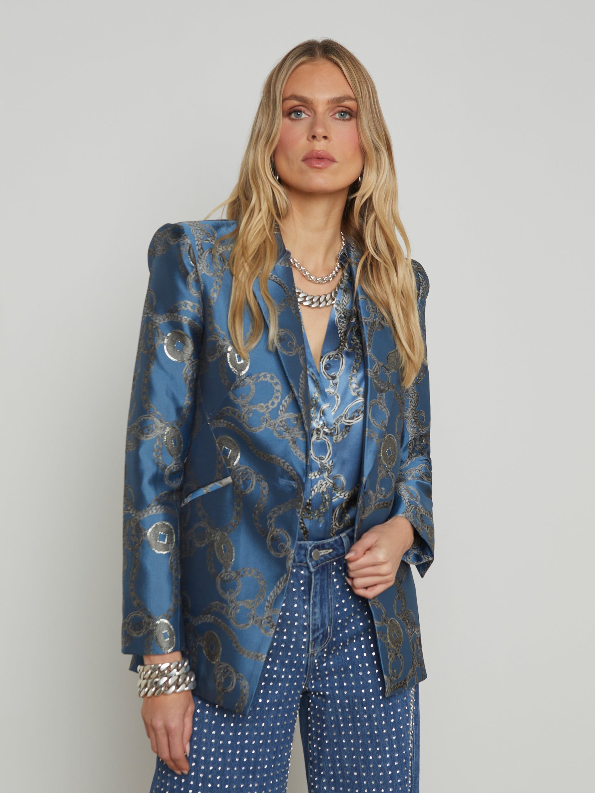 L'AGENCE Sheila Longline Jacquard Blazer In Blue Horizon/Silver Good Luck Chain