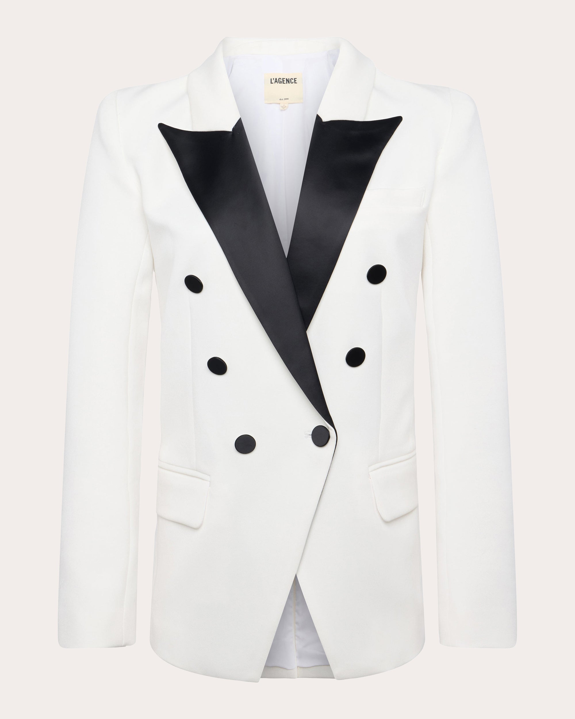 L'AGENCE Women's Kendi Satin-Trimmed Double-Breasted Blazer in White/black Viscose/Polyester/Spandex