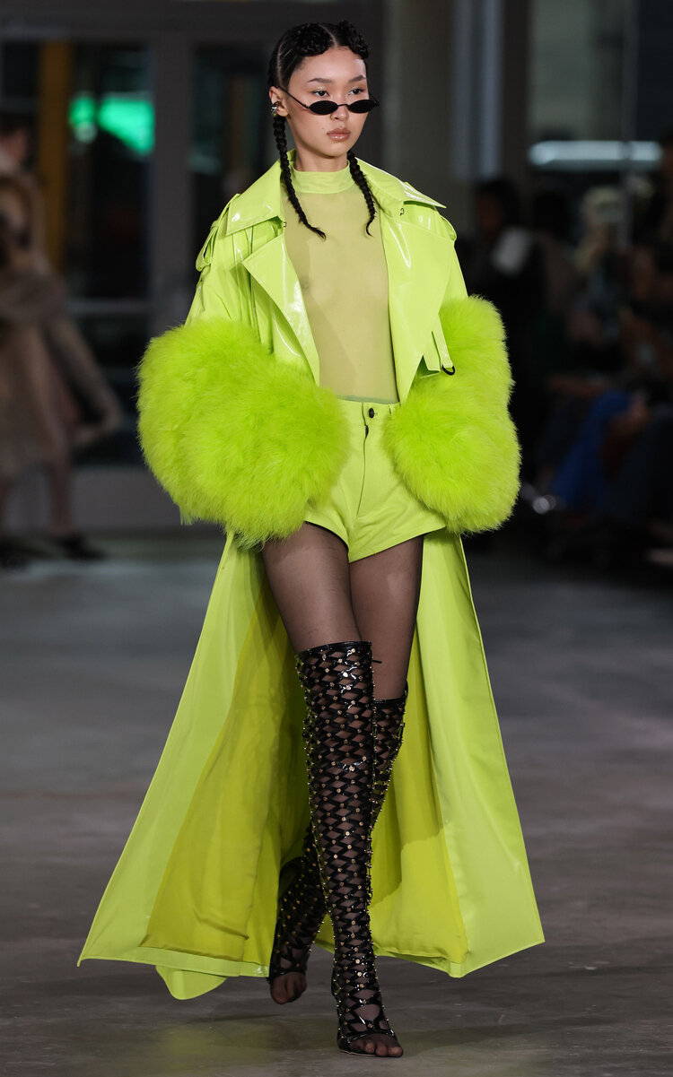 LAPOINTE - Double-Breasted Vinyl and Marabou Trench Coat - Lime Green - M - Moda Operandi