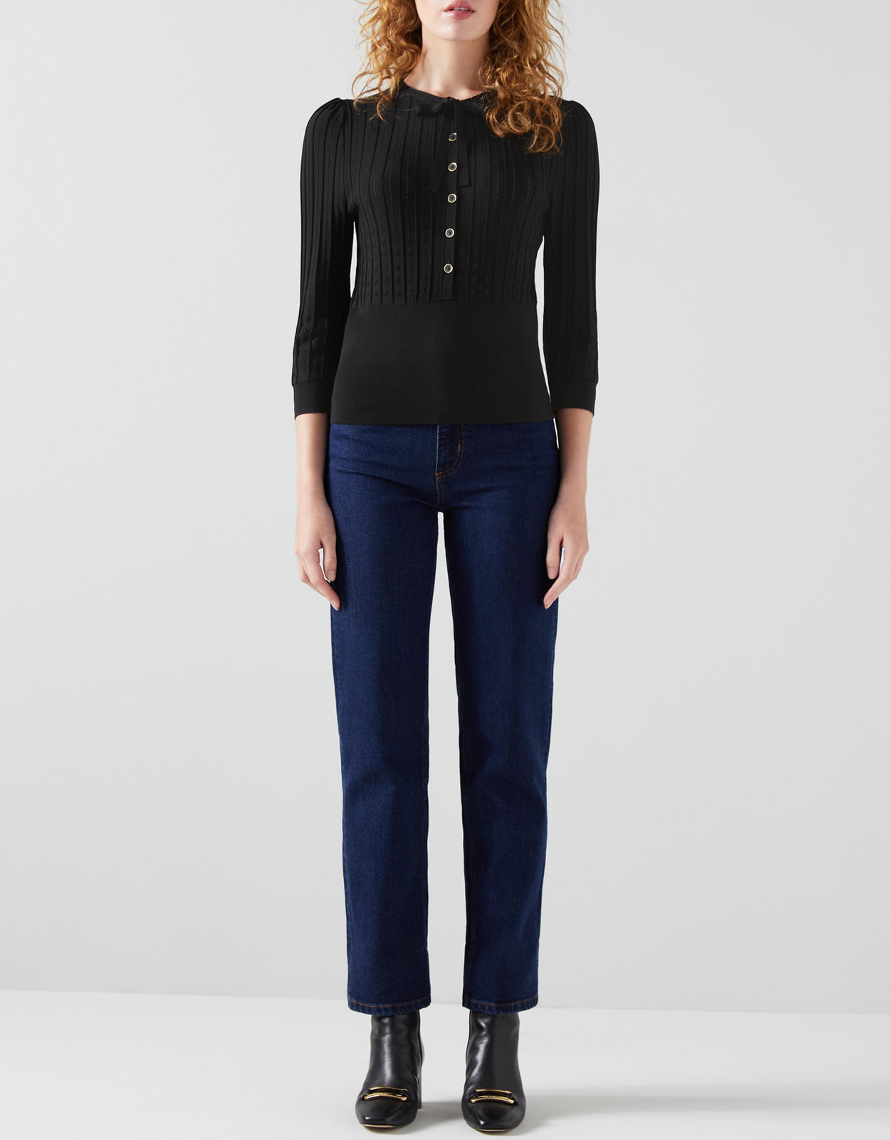 LK Bennett Freida Black Pointelle Knit Top - S