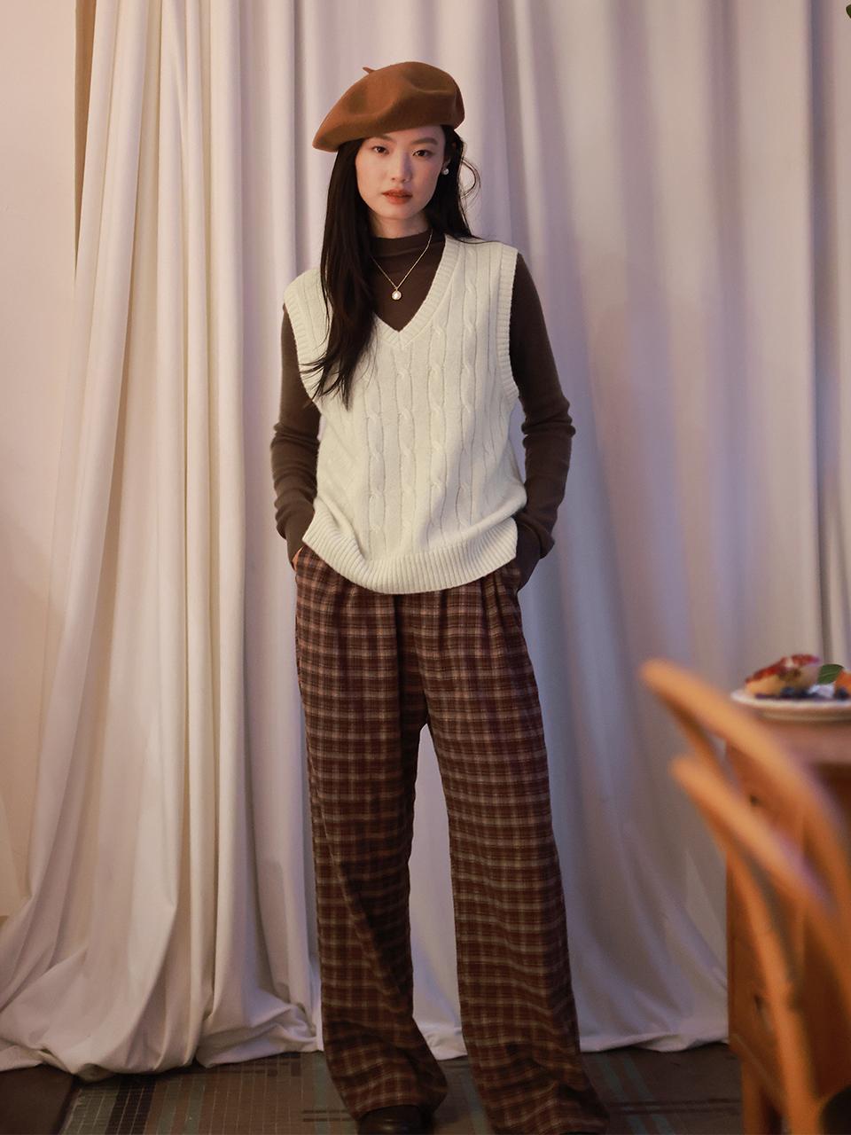 LS_Plaid wide-leg banding pants