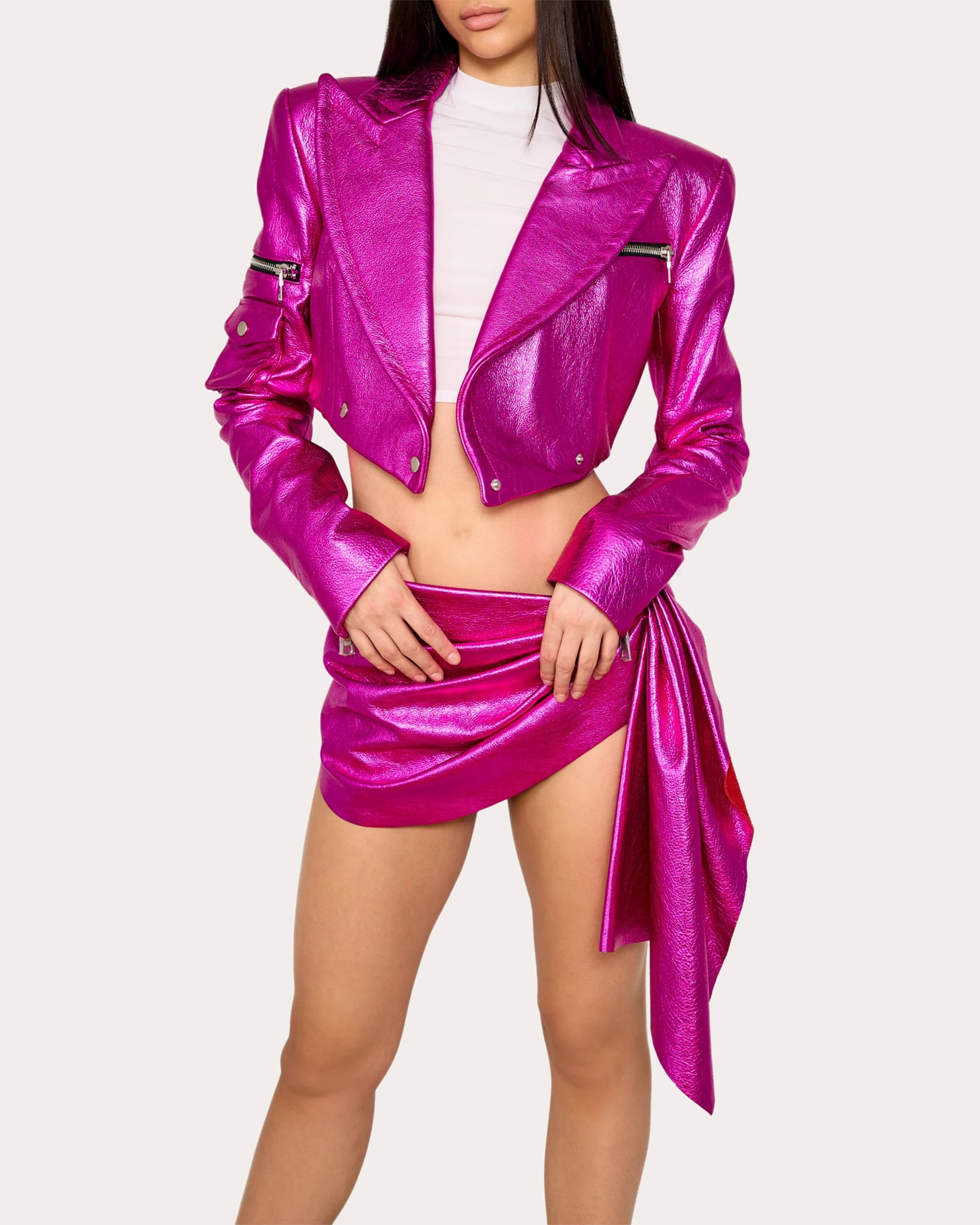 LaQuan Smith Women's Cropped Metallic Leather Jacket in Grape