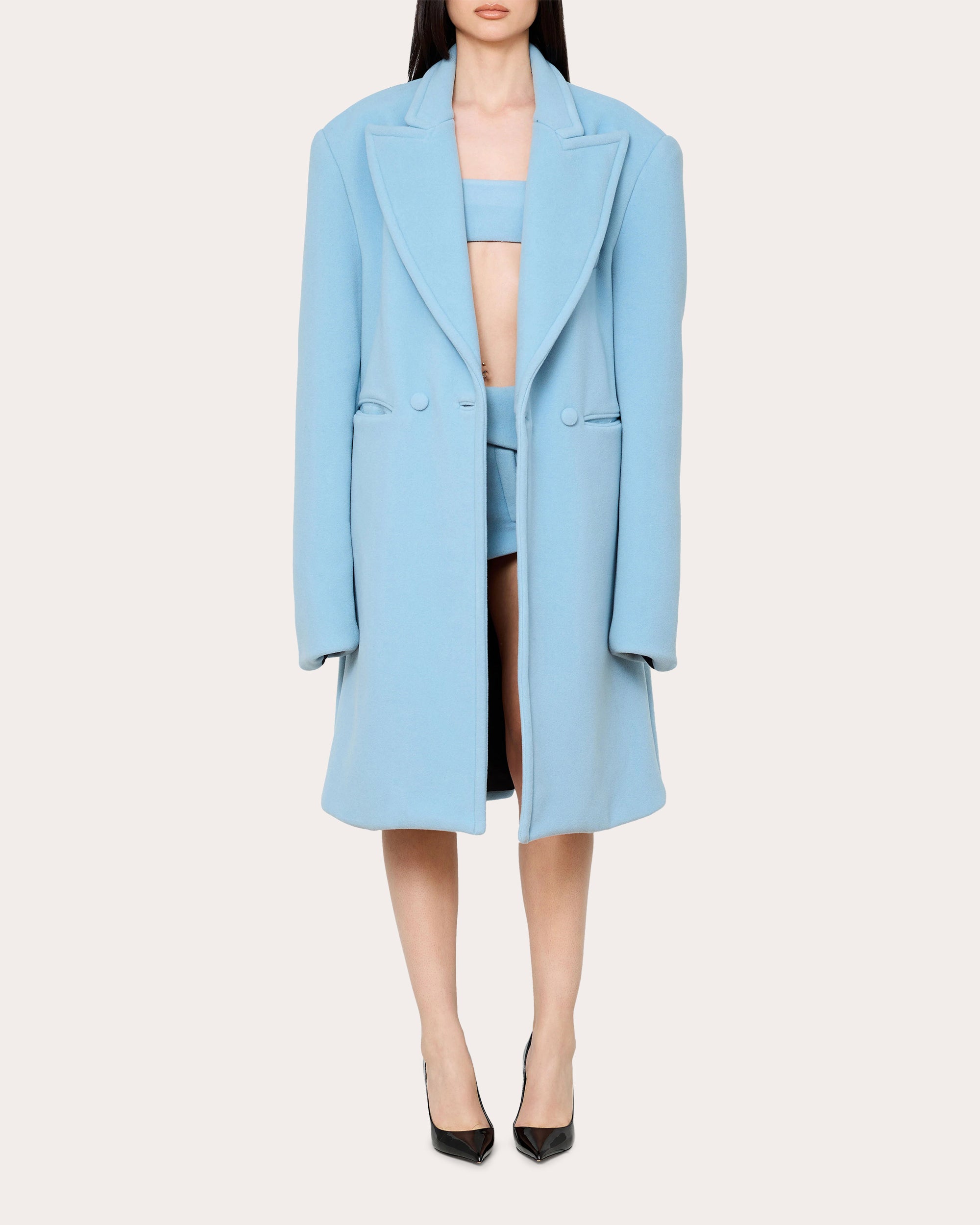 LaQuan Smith Women's Oversized Double-Faced Wool Coat in Cielo Blue Wool/Nylon