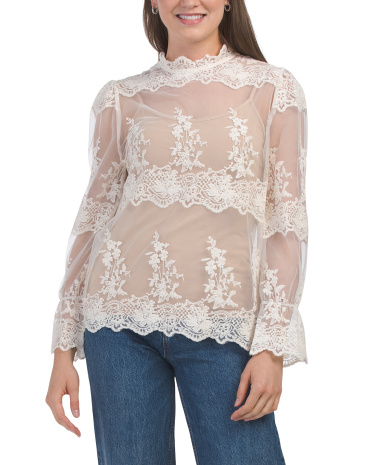 Lace Illusion High Neck Blouse for Women | Cotton/Nylon