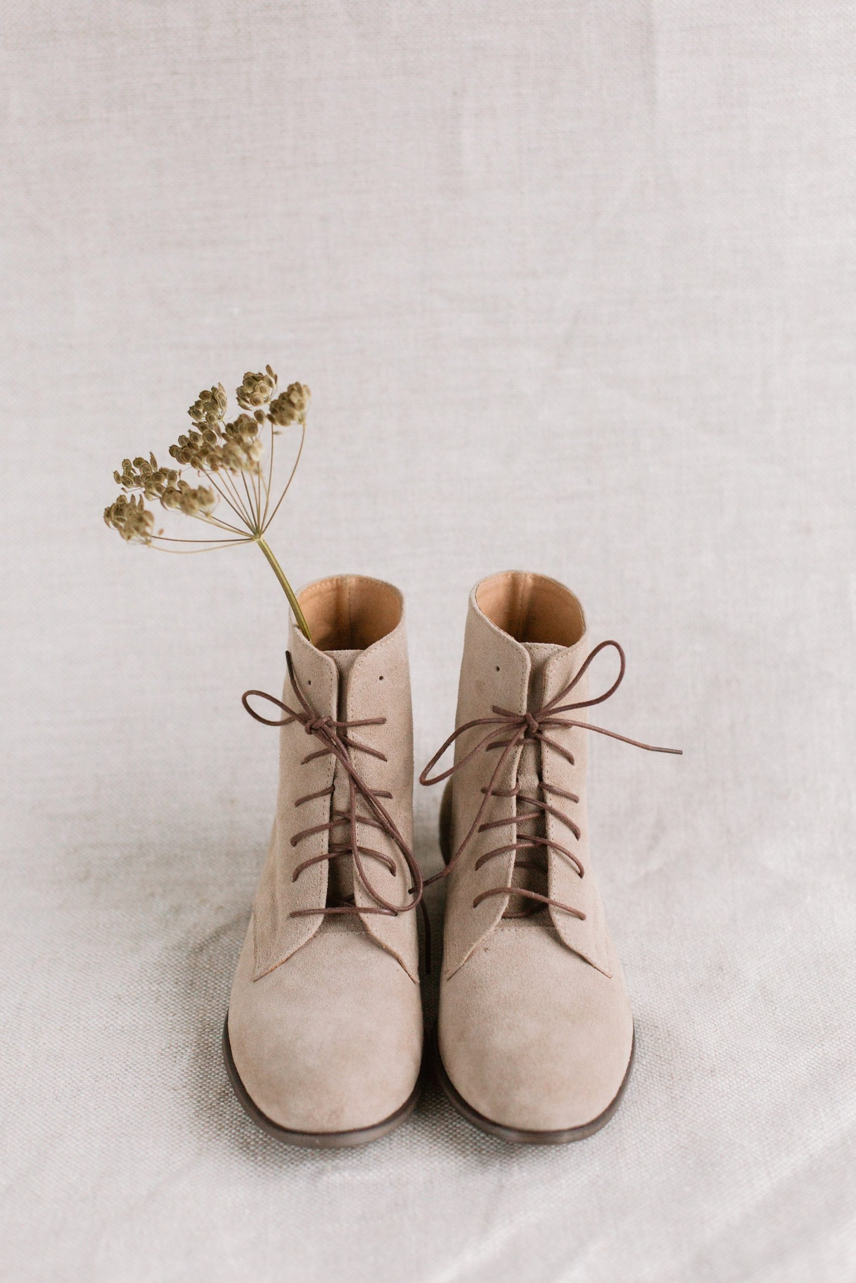 Lace-Up Boots, Classic Ladies Booties, Women's Retro Style Natural Beige Velvet Leather, Gift For Her, Nature Lover