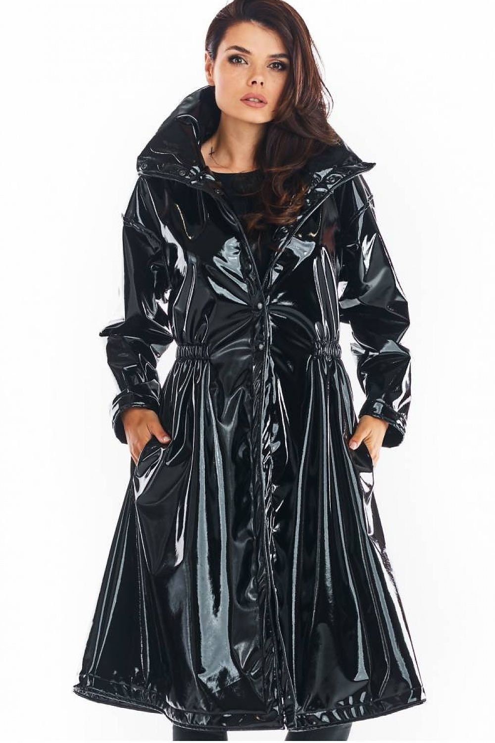 Lacquer Ladies Coat, High Neck Collar Trench Black Military Coat With Pockets, Women Pvc Rain Jacket, Plastic Raincoat