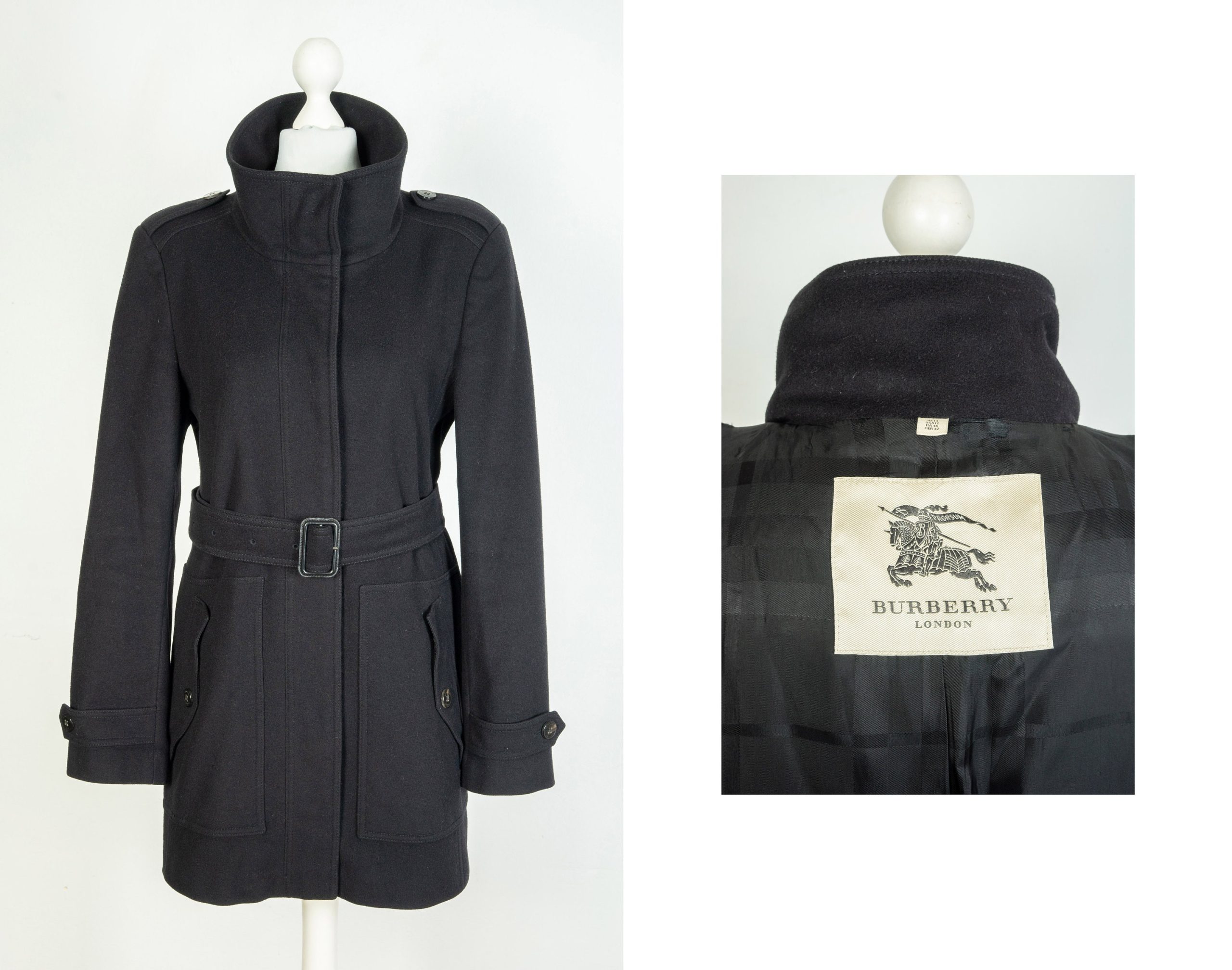 Ladies Burberry Wool Belted Black Pea Coat Jacket