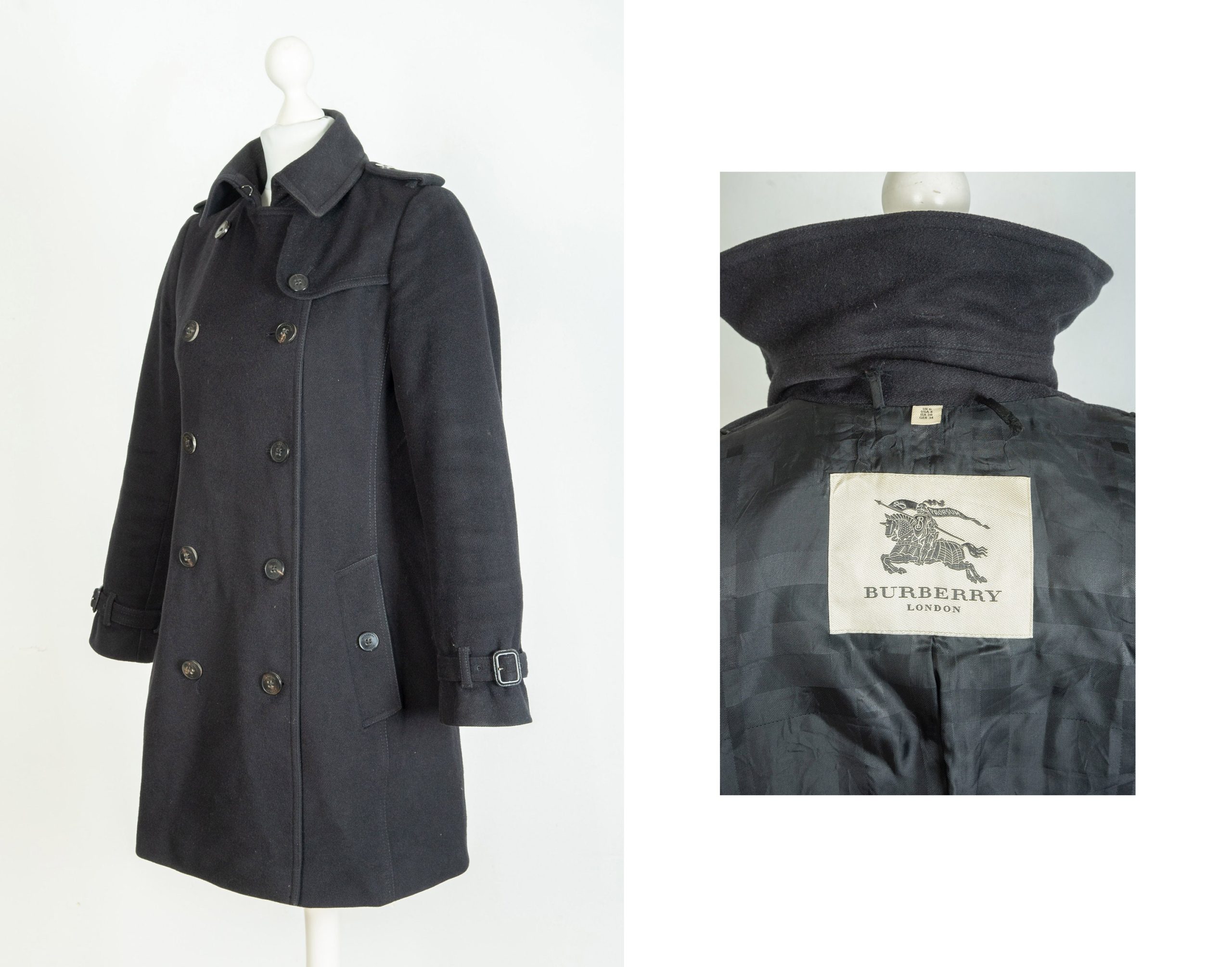 Ladies Burberry Wool Black Pea Coat Jacket Size Uk 6 Us 4