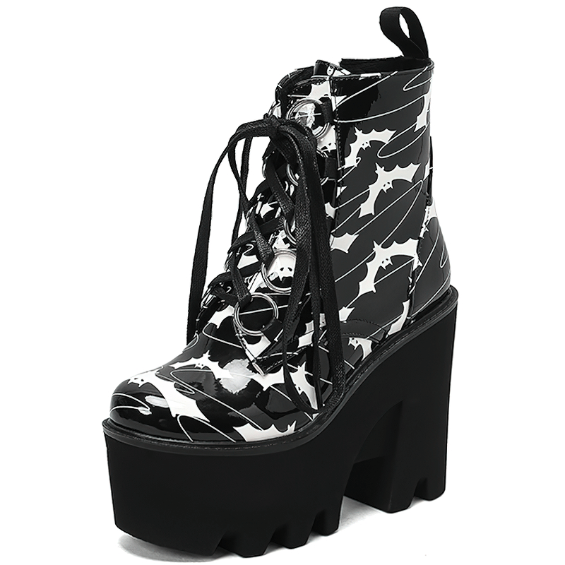 Ladies Goth Platform Ankle Boots with Bats Print / Fashion Thick High Heels Boots for Women