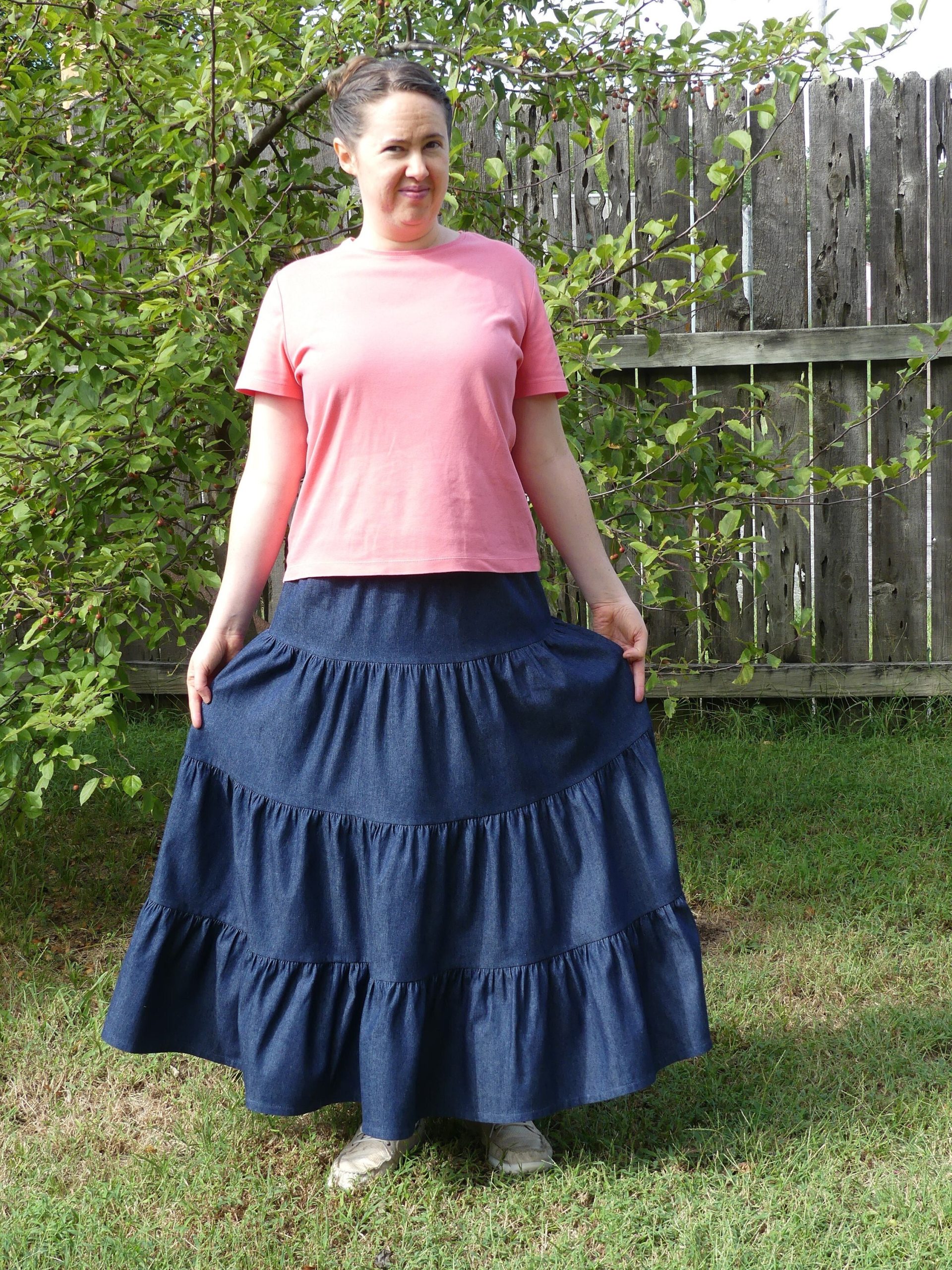 Ladies Long Modest Medium Weight Tiered Denim Peasant Skirt - You Choose Length, Size & Color