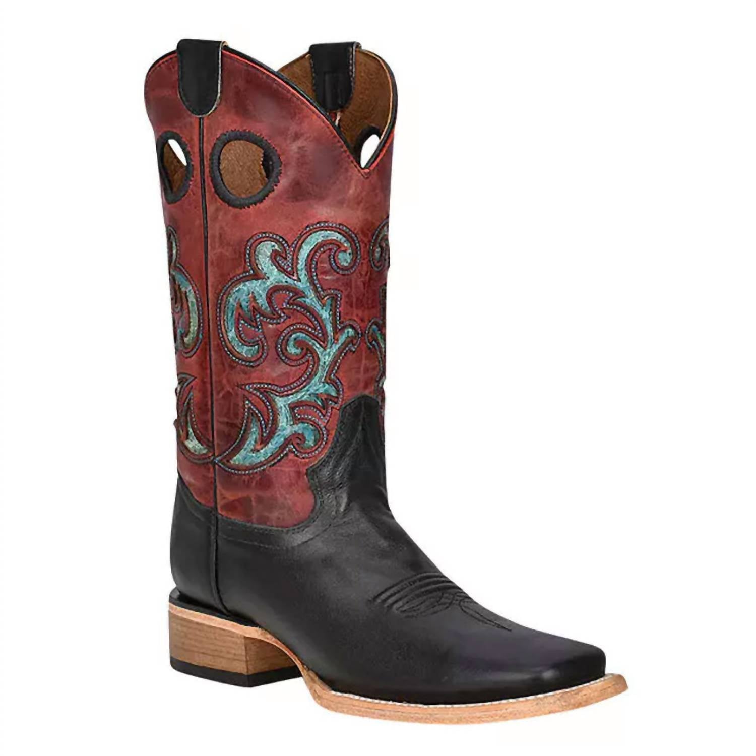 Ladies Shaft And Turquoise Inlay Square Toe Cowboy Boot In Black/red