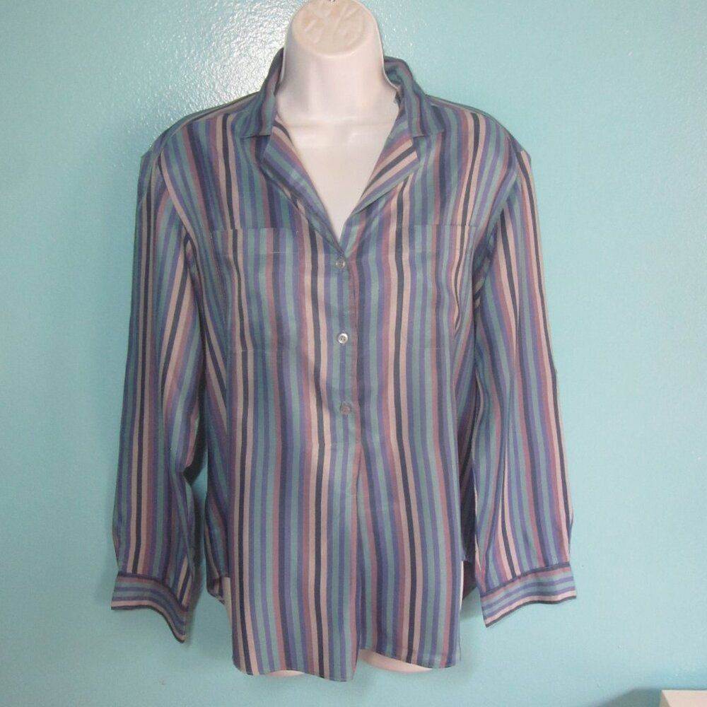 Lady Manhattan Vintage Size 10 Blue Striped Poly Blouse Pullover Collared Top, Women's