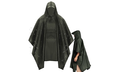 LakeForest Hooded Rain Poncho Multi-Use Raincoat w/ Hood Brim Sleeve & Pocket Black