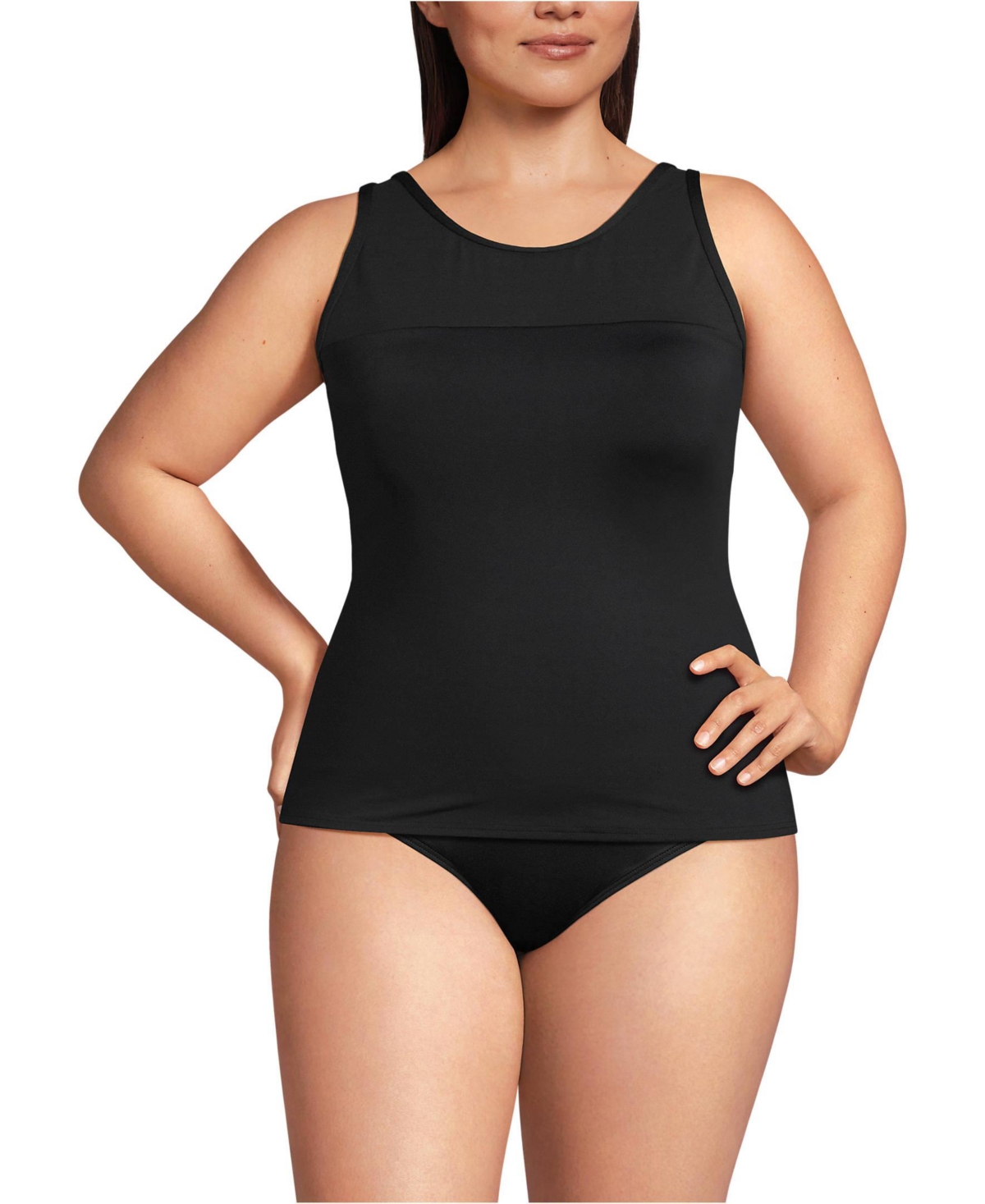 Lands' End Women's Chlorine Resistant Smoothing Control Mesh High Neck Tankini Swimsuit Top - Black