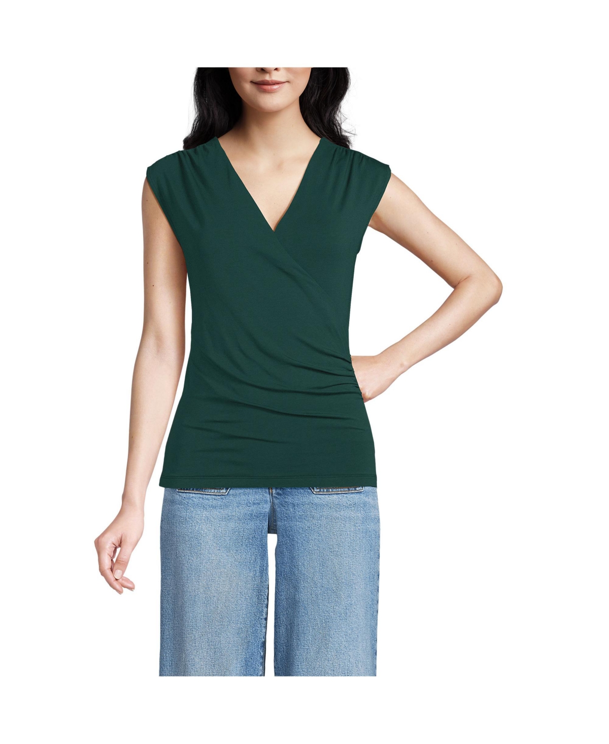 Lands' End Women's Lightweight Jersey Wrap Front Top - Deep forest