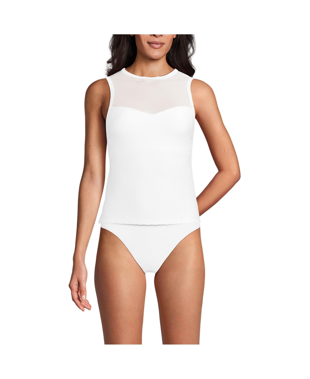 Lands' End Women's Ottoman Rib High Neck Sweetheart Mesh Cutout Tankini Top - White ottoman