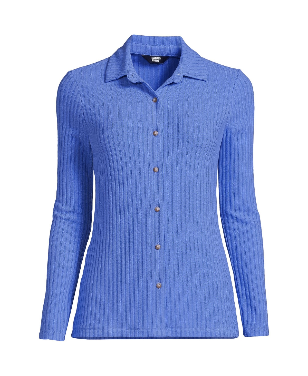 Lands' End Women's Plus Size Long Sleeve Wide Rib Button Front Polo Shirt - Chicory blue