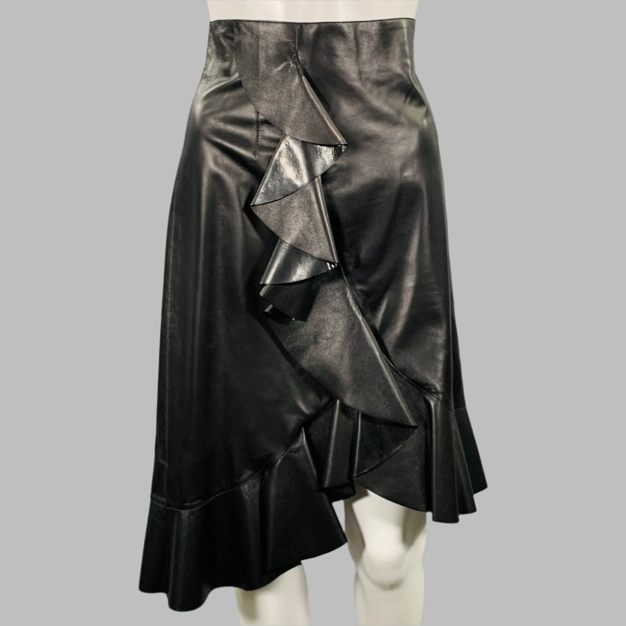 Lanvin 2016 Black Leather Ruffled Lambskin Tulip Knee Length Skirt, Women's (Size 30)