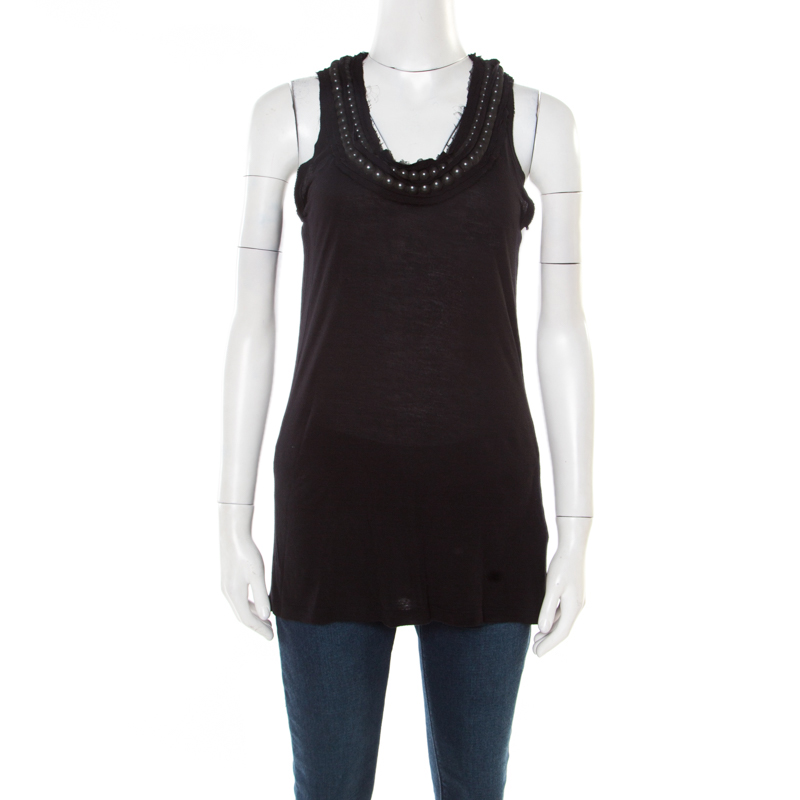 Lanvin Black Embellished Neck Raw Edge Detail Tank Top XS