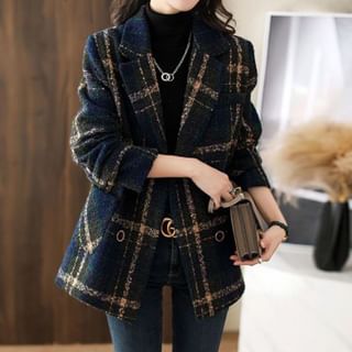 Lapel Collar Plaid Double-Breasted Coat