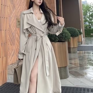 Lapel Collar Plain Double-Breasted Long Trench Coat