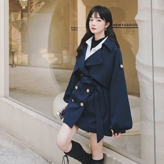 Lapel Collar Plain Sashed Double-Breasted Trench Coat