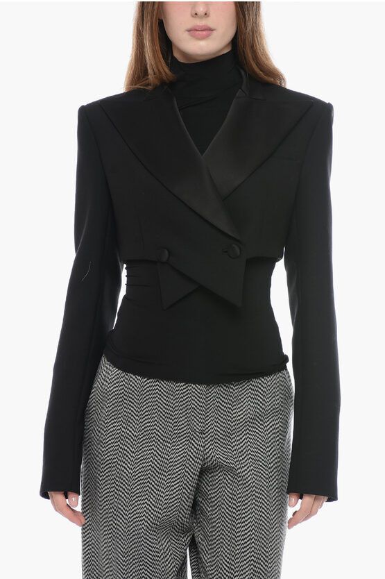 Laquan Smith Crossed Cropped Blazer With Satin Lapel in Black, Women's (Size Small)