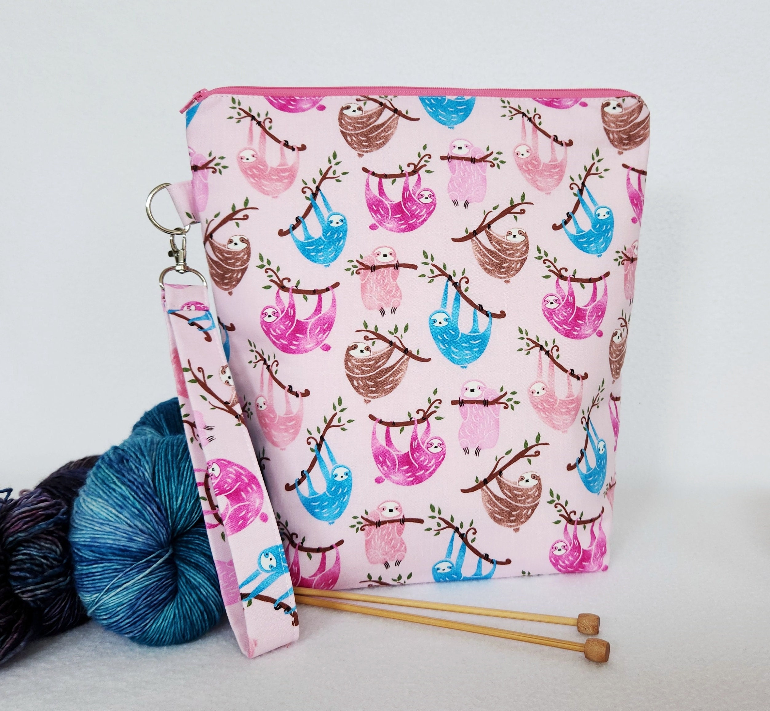 Large Knitting Project Bag - Crochet Zippered Wedge Sloth Yarn Tote