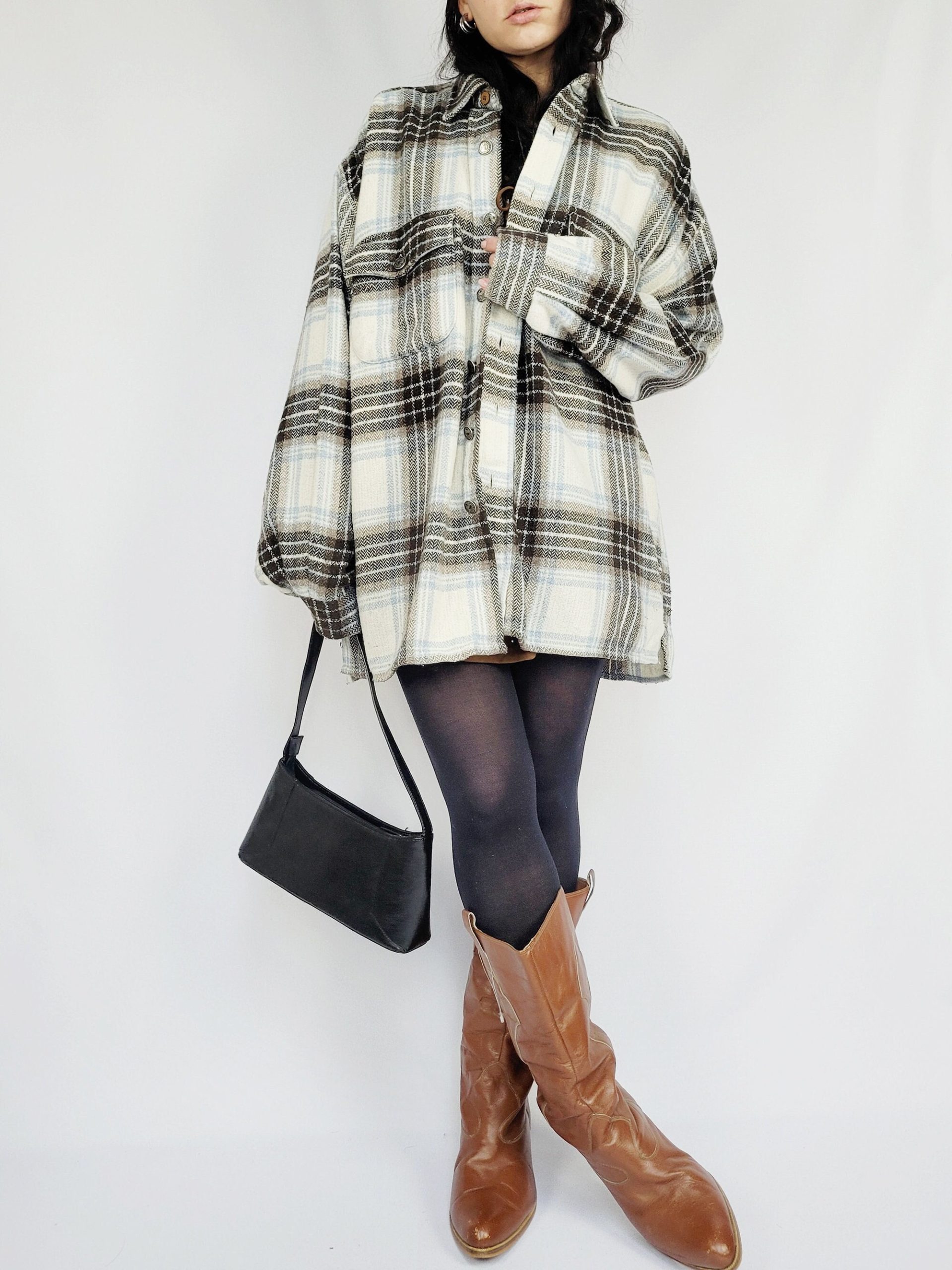 Large Plus Size Tartan Shacket, 90S Checked Beige Brown Oversize Unisex Shacket Shirt, Xxl