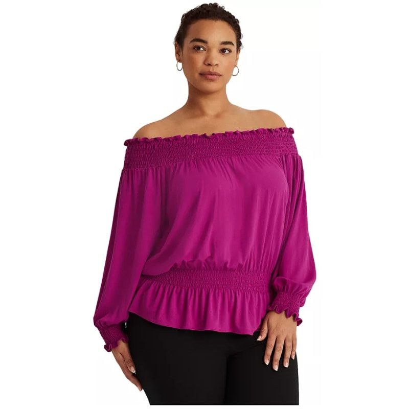 Lauren Ralph Lauren Lrl Plus-Size Jersey Off-The-Shoulder Top 2X Magenta in Purple, Women's (Size 2XL)