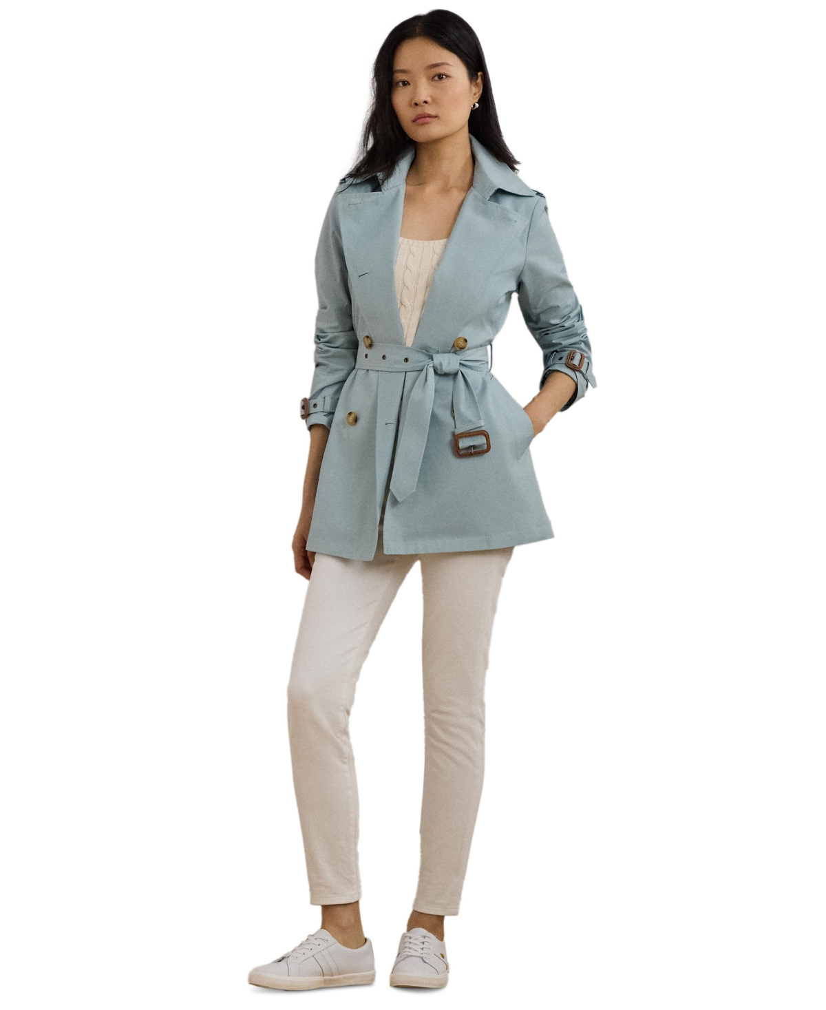 Lauren Ralph Lauren Women's Short Double-Breasted Belted Trench Coat - Aqua Pearl