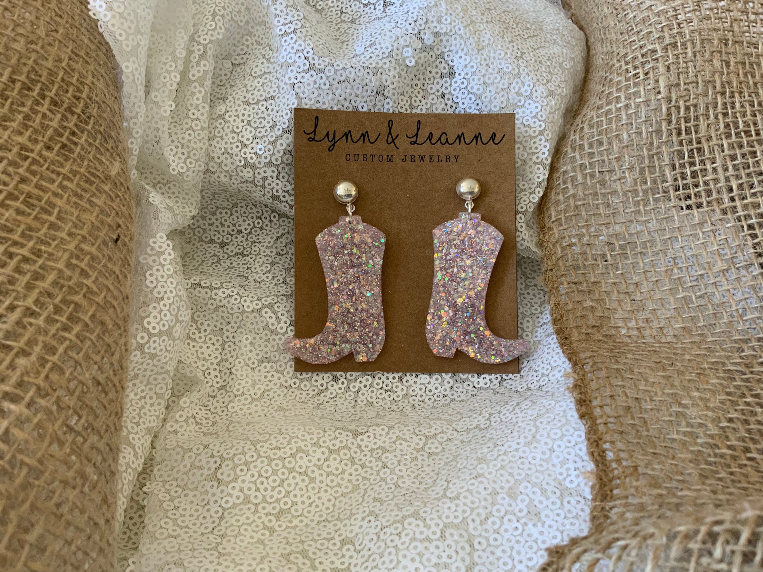 Lavender/Pink Blend Cowboy Boot Glitter Resin Earrings, 2 Inch Cowboy Boot Dangle Bling Cowgirl, Accessories