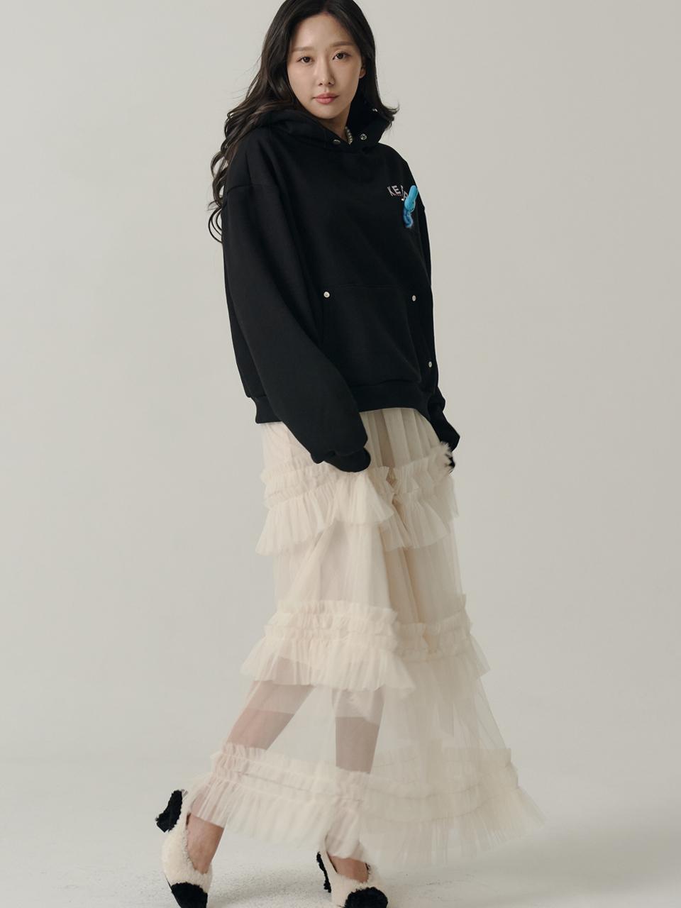 Layered Frill Three-Tiered Long Skirt [Cream]