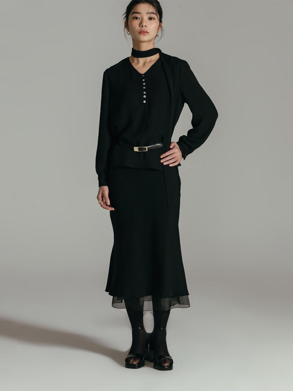 Layered Mid-Mermaid Polyester Skirt [Black]