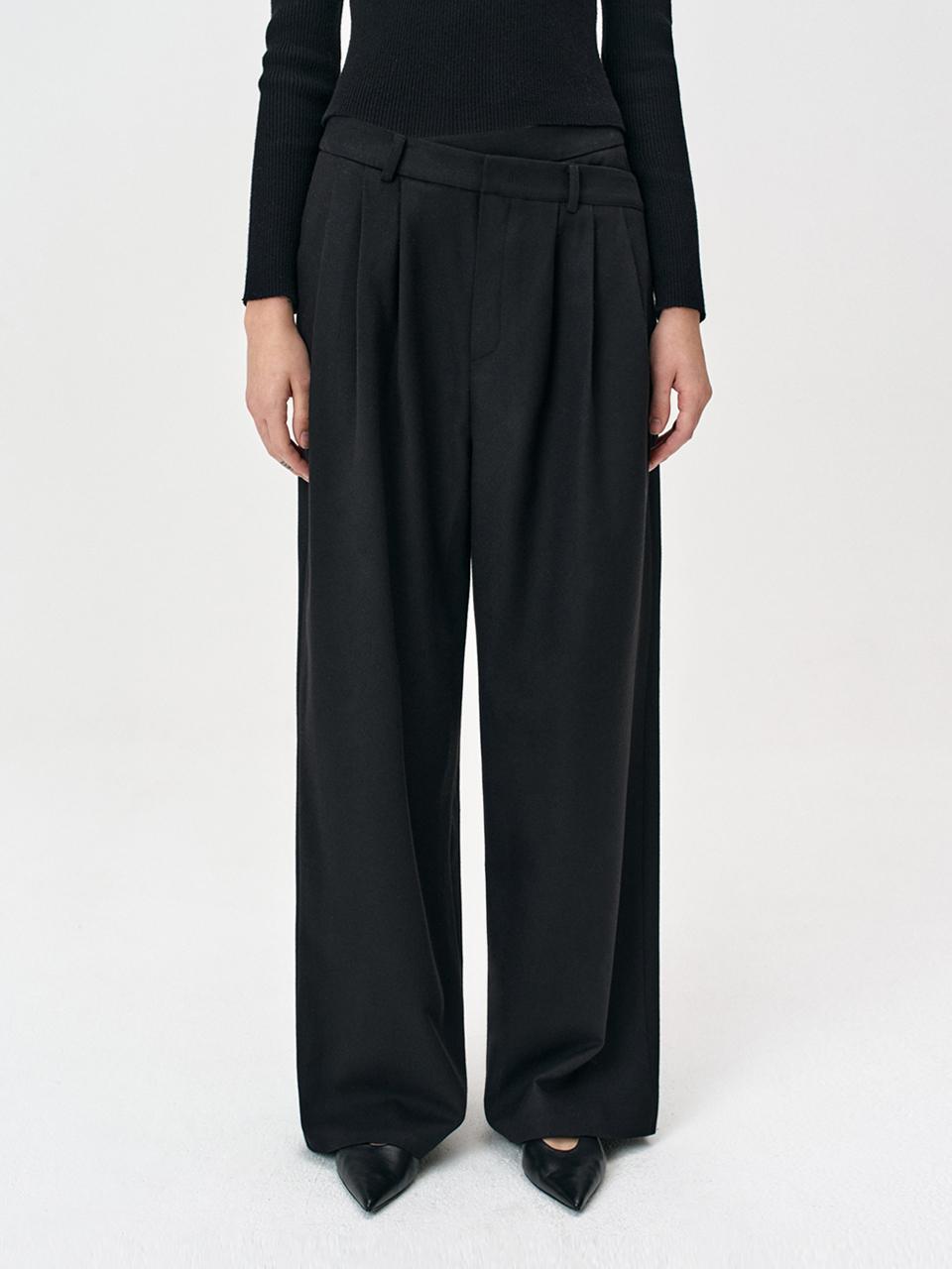 Layered Pleated Wide-leg Wool Pants [Black]