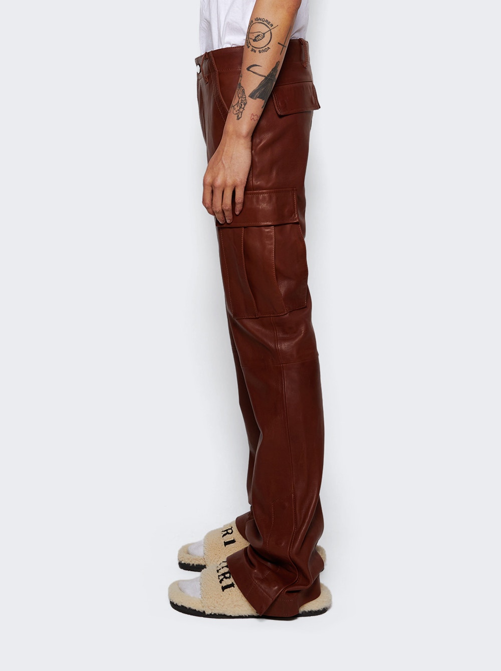 Leather Cargo Flare Pants Brown