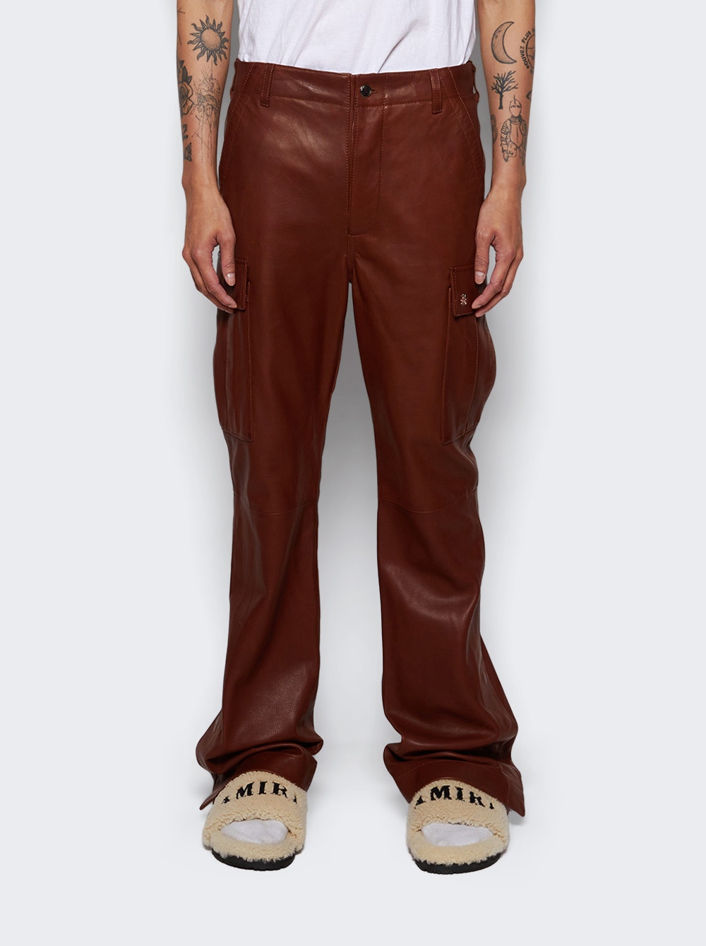 Leather Cargo Flare Pants Brown