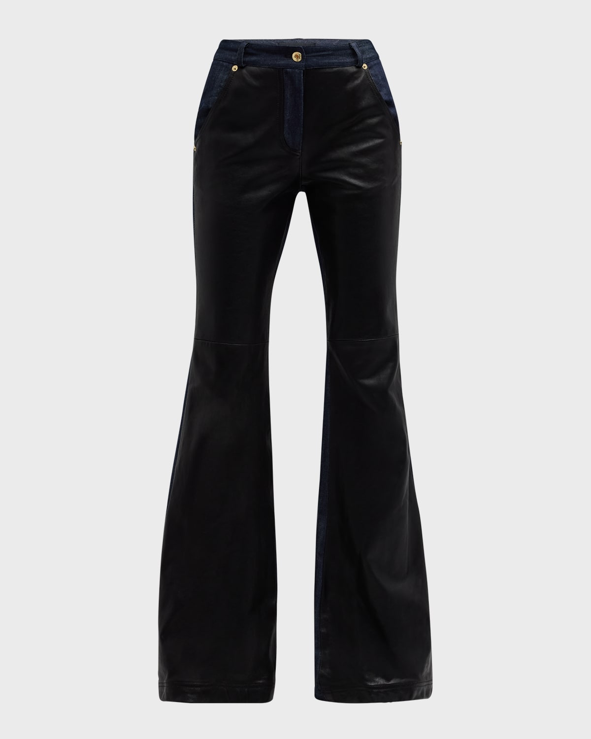 Leather Front Denim Flared Pants