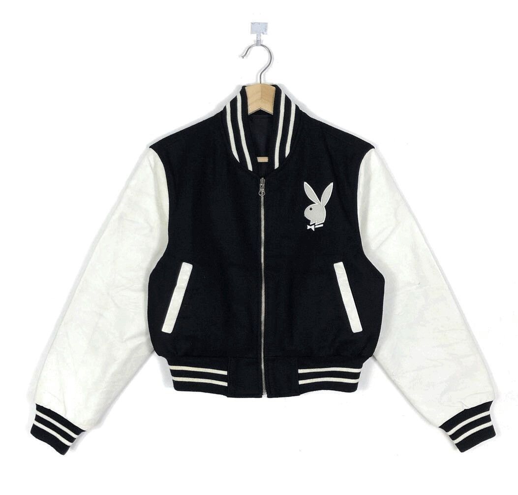 Leather Jacket x Playboy vintage Playboy Reversible Varsity Jacket in Black/White, Women's (Size XS)