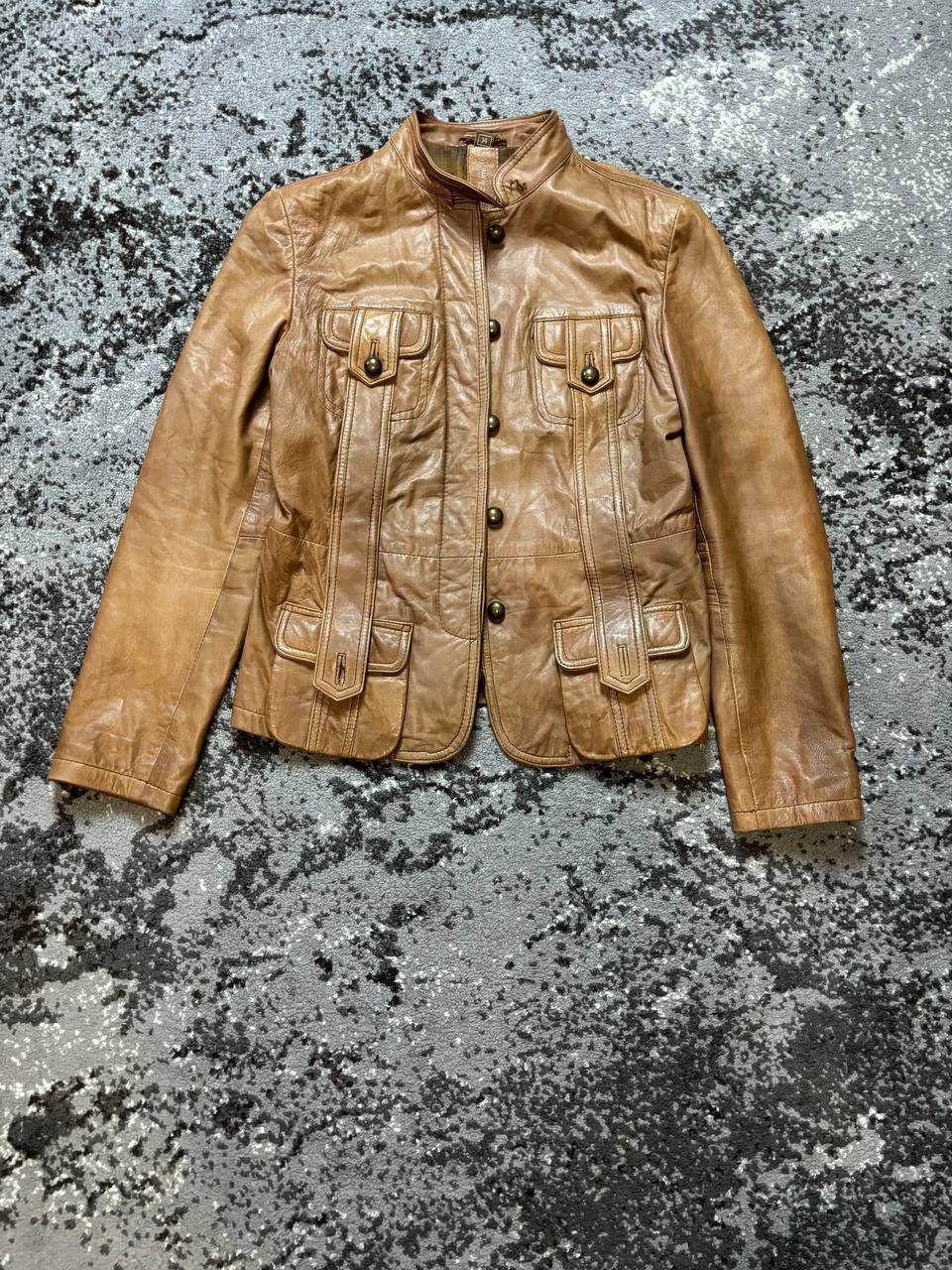 Leather Jacket x Vintage Y2K Helium Caramel Leather Avantgarde Pocket Jacket in Brown, Women's (Size XL)