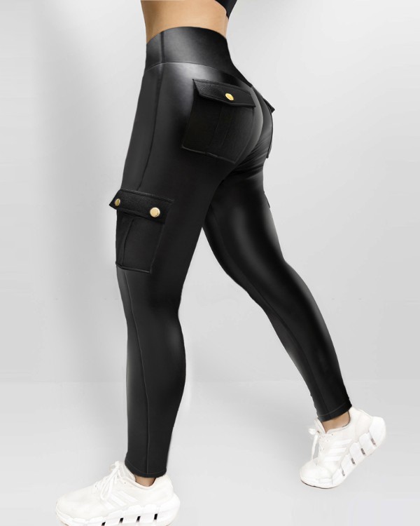 Leather Pants for Women High Waist Cargo Pockets Stretch Pants Leather Leggings