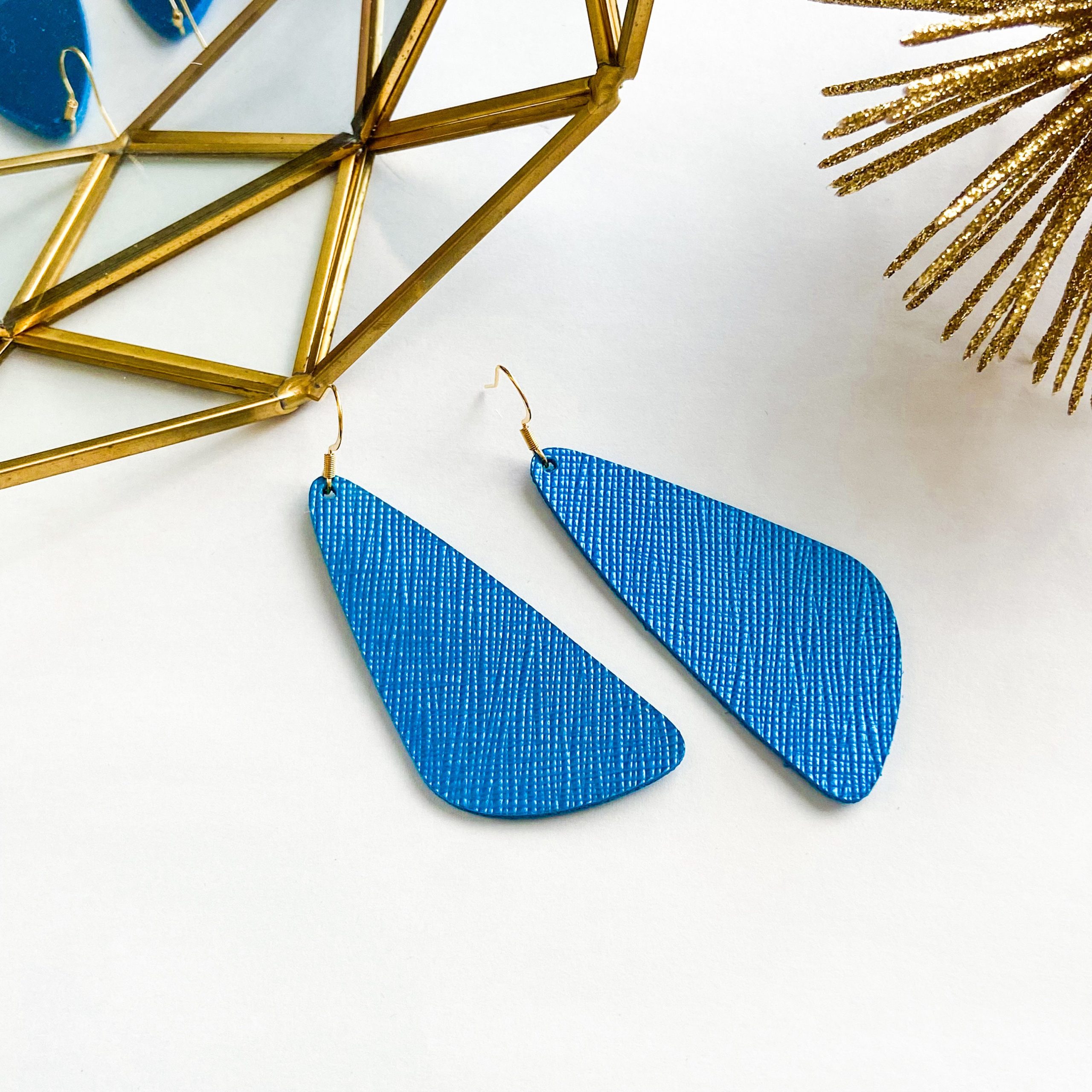 Leather Wedge Earrings | Metallic Blue Leather Lightweight Statement The Juneberry Co