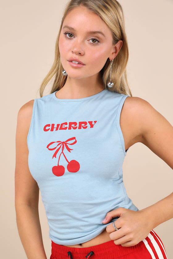 Leen Light Blue Cherry Graphic Tank Top