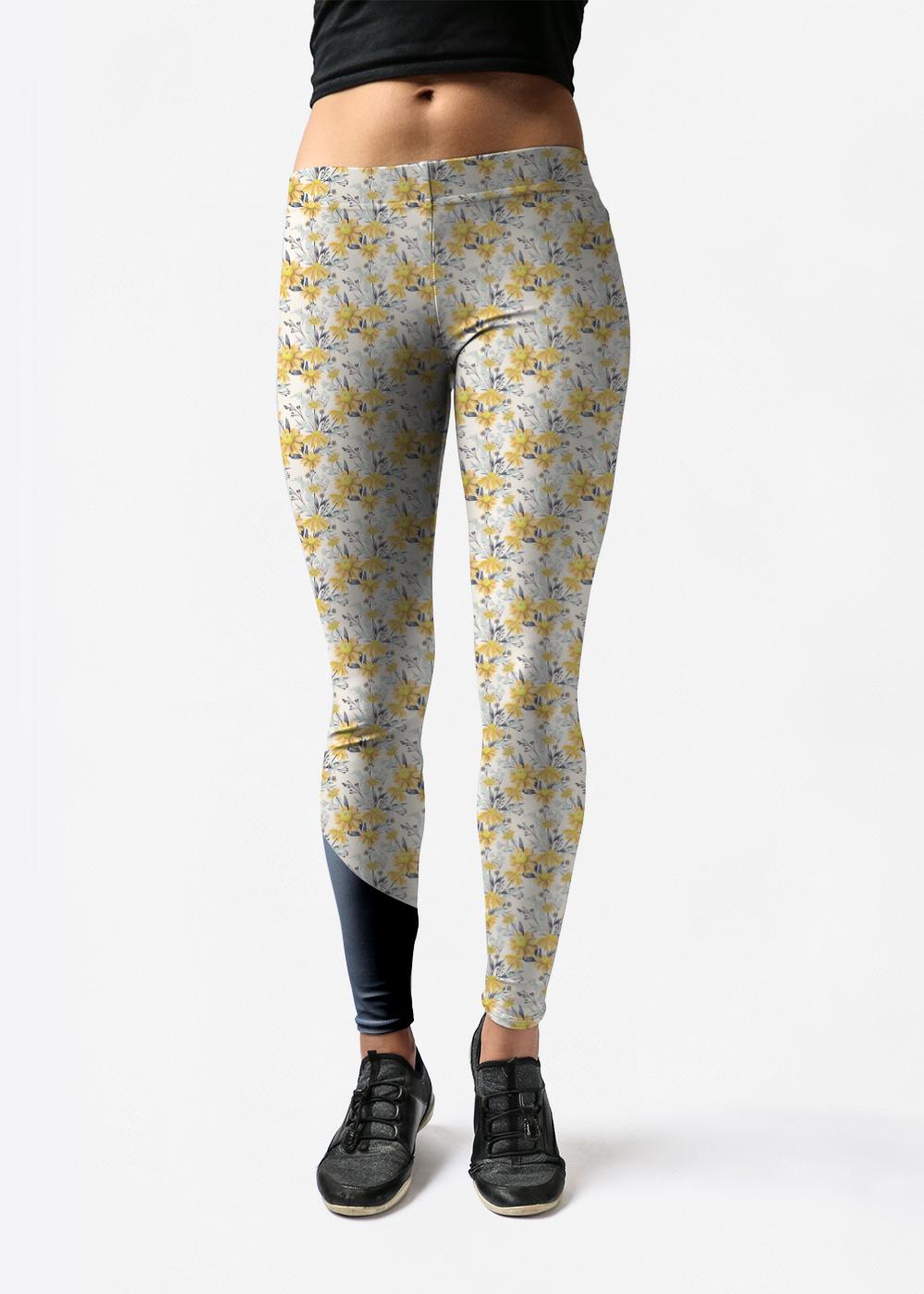 Leggings - Nude Floral Pastel in Brown/White/Yellow by VIDA Original Artist